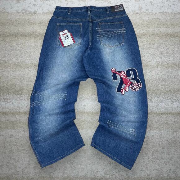 Vintage Baggy Wide Leg Skate Jeans Lebron Cavaliers Medium Wash Denim Y2K - Picture 1 of 5